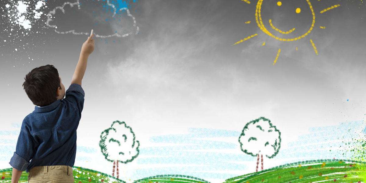 A drawing of trees and clouds with a sky background